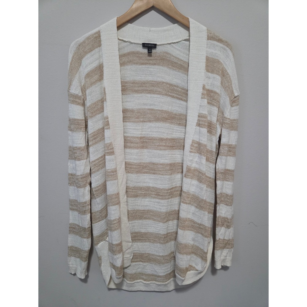 Talbots Womens Small Tan White Striped Open Front Cardigan Lightweight‎ Knit S
